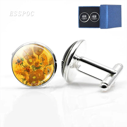Van Gogh Oil Painting Glass Alloy Cufflinks Starry Night Sunflower Suit Cuff Links Men Shirt Accessories Husband birthday Gift