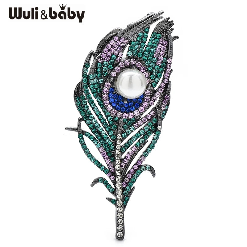 Wuli&baby Luxury Peacock Feather Brooches For Women Unisex Rhinestone Pearl Banquet Party Brooch Pins Gifts
