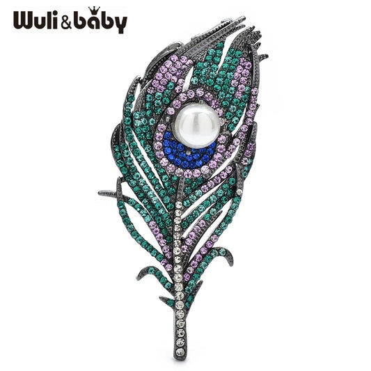 Wuli&baby Luxury Peacock Feather Brooches For Women Unisex Rhinestone Pearl Banquet Party Brooch Pins Gifts