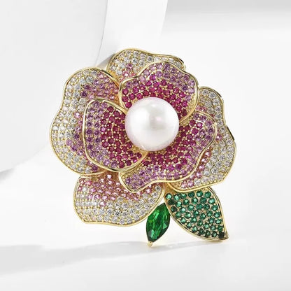Rhinestone Camellia Flower Brooch Pearl Lapel Pin For Women Banquet Party Suit Coat Backpack Fashion Jewelry Accessories