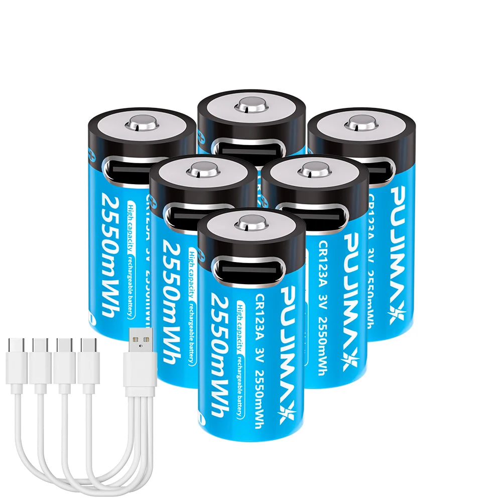 PUJIMAX Type-C Rechargeable CR123A 2550mWh 3V Lithium Battery Rechargeable Battery High Capacity  Portable Stable Output