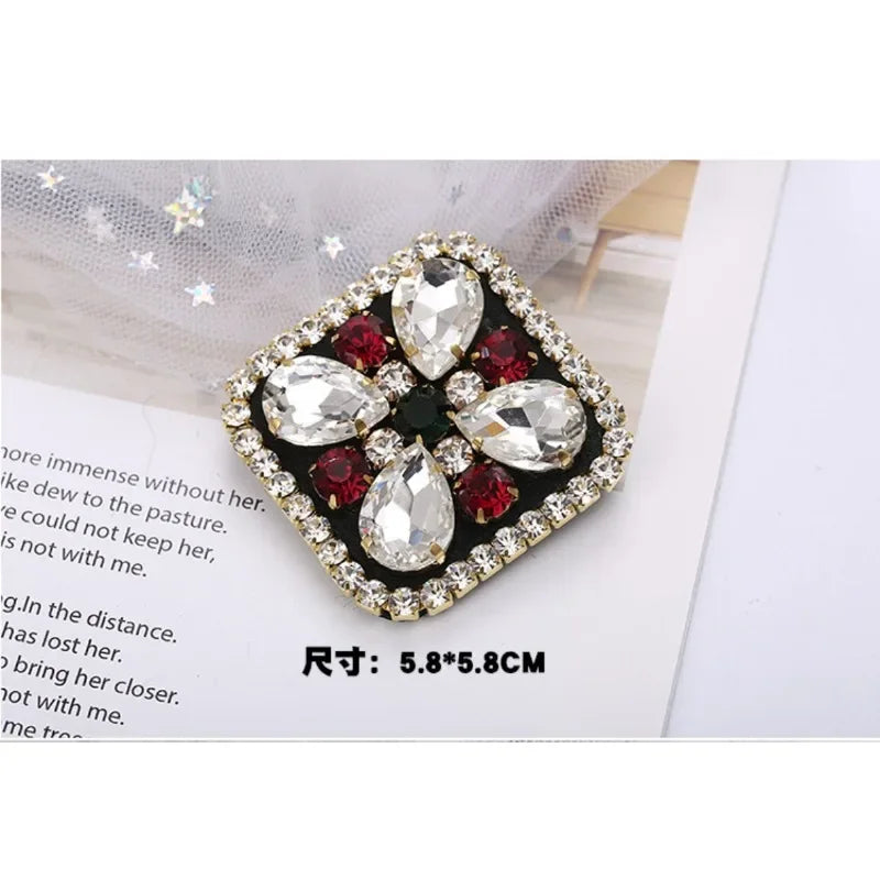 Elegant Geometric Crystal Stone Square Symmetrical Brooch Blue Green Large Rhinestone Cross Flower Pin with Clip for Women