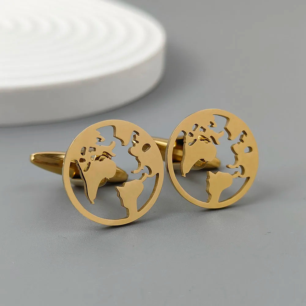 New - 18K gold-plated stainless steel cufflinks: world map globe design, fashion lapel pin, gift for friends