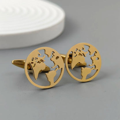 New - 18K gold-plated stainless steel cufflinks: world map globe design, fashion lapel pin, gift for friends