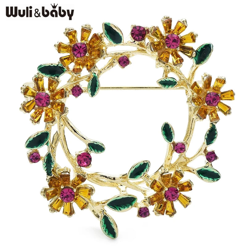 Wuli&baby Flower Wreath Brooches For Women Unisex 2-color Metal Rhinestone Circle Party Casual Brooch Pins Gifts