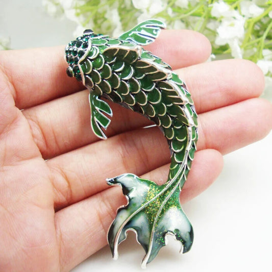 Vintage Green Fish Woman Brooch Pin Rhinestone Crystal Animal Silver Tone