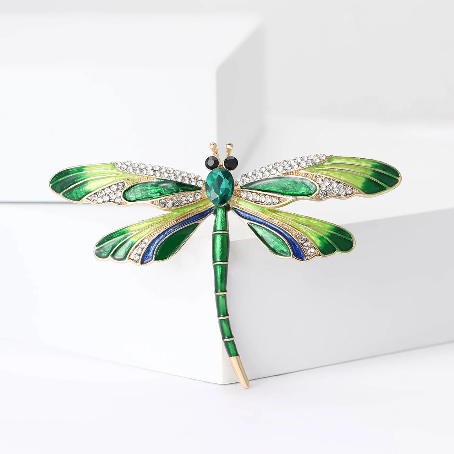 Vintage Green Crystal Dragonfly Brooch for Women Men Insect Lapel Enamel Pins Wedding Jewelry Accessories