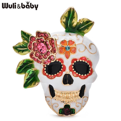 Wuli&baby Lovely Enamel Skull Brooches For Women Unisex Flower And Skeleton Casual Party Coat Brooch Pins Gifts