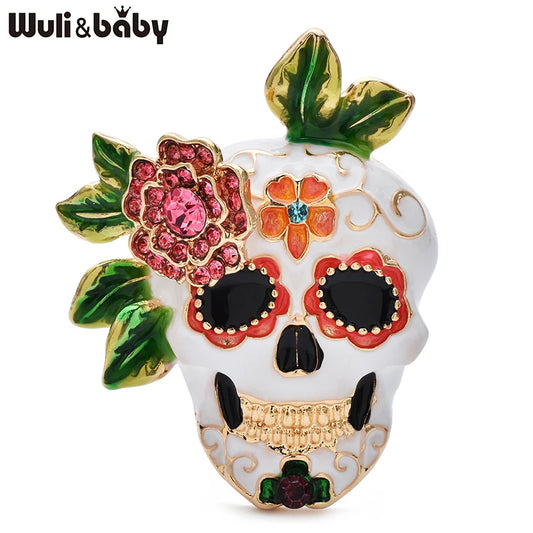 Wuli&baby Lovely Enamel Skull Brooches For Women Unisex Flower And Skeleton Casual Party Coat Brooch Pins Gifts