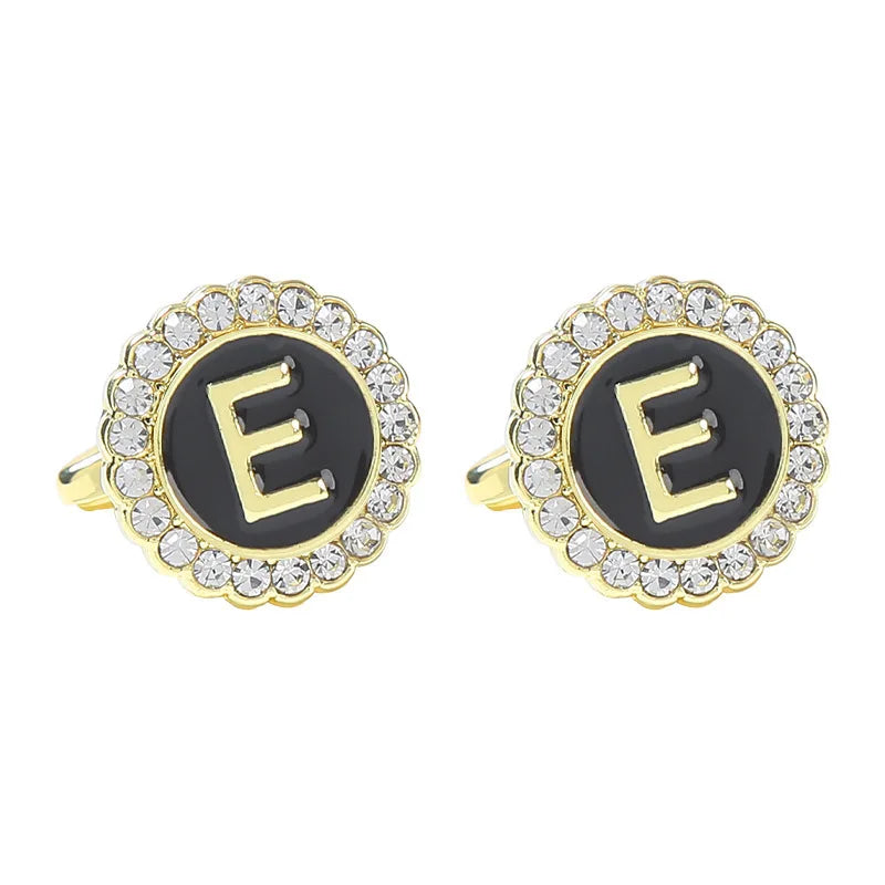 New Round Rhinestone Cufflinks for Men 26 English Letter Cuff Links Button French Business Accessories Gifts