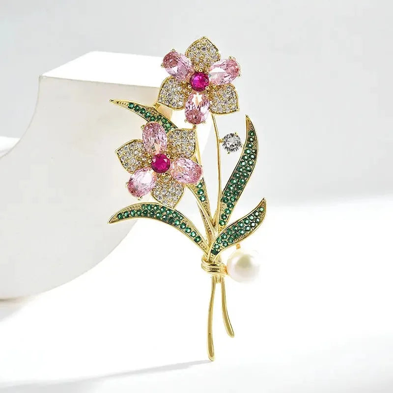 Luxury Orchid Narcissus Brooches for Women Vintage Crystal Flower Bouquet Pin Elegant Wedding Jewelry Gifts
