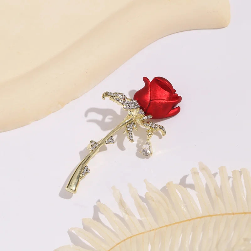 Shiny Rhinestone Red Rose Flower Brooches for Women Elegant Exquisite Suit Dress Flower Branch Lapel Pins Wedding Badge Jewelry
