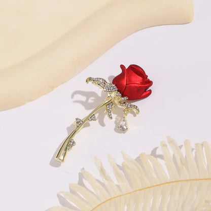 Shiny Rhinestone Red Rose Flower Brooches for Women Elegant Exquisite Suit Dress Flower Branch Lapel Pins Wedding Badge Jewelry