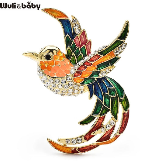 Wuli&baby Beautiful Flying Bird Brooches For Women Lady Rhinestone Enamel Long Tail Birds Party Office Brooch Pins Gifts