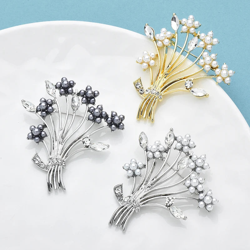Wuli&baby Pearl Banquet Flower Brooches For Women Unisex 3-color Beautiful Plants Party Office Brooch Pins Gifts
