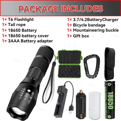 High Power T6 LED Flashlights Camping Torch 5 Light Modes Zoom Light Aluminum Alloys Waterproof Material External 18650 Battery