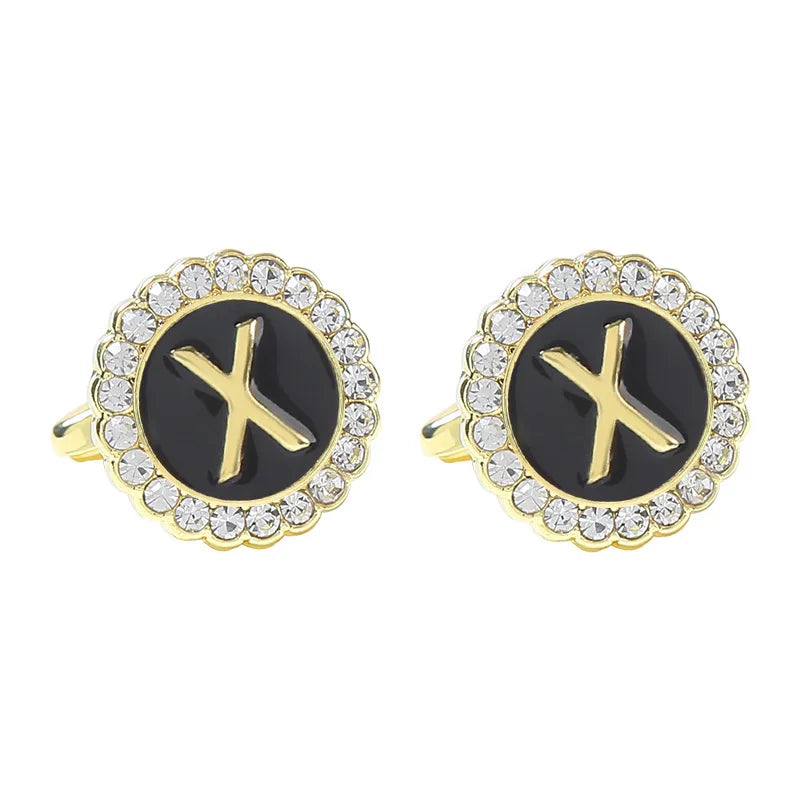 New Round Rhinestone Cufflinks for Men 26 English Letter Cuff Links Button French Business Accessories Gifts