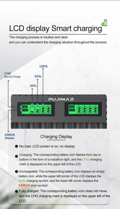 PUJIMAX 8-slot Battery Charger Suitable 1.2V AAA/AA Rechargeable Battery Short Circuit Protection LED Display NiMH/NiCd Charger
