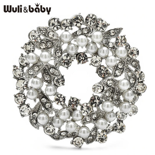 Wuli&baby Elegant Pearl Wreath Flower Brooches For Women Unisex Rhinestone Round Party Office Brooch Pins Gifts