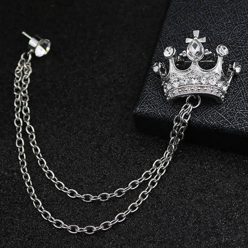 Crown Chain Brooch Vintage Tassel Crystal Brooch Temperament Rhinestone Lapel For Women Dress Mens Shirt Suit Set Collar Jewelry