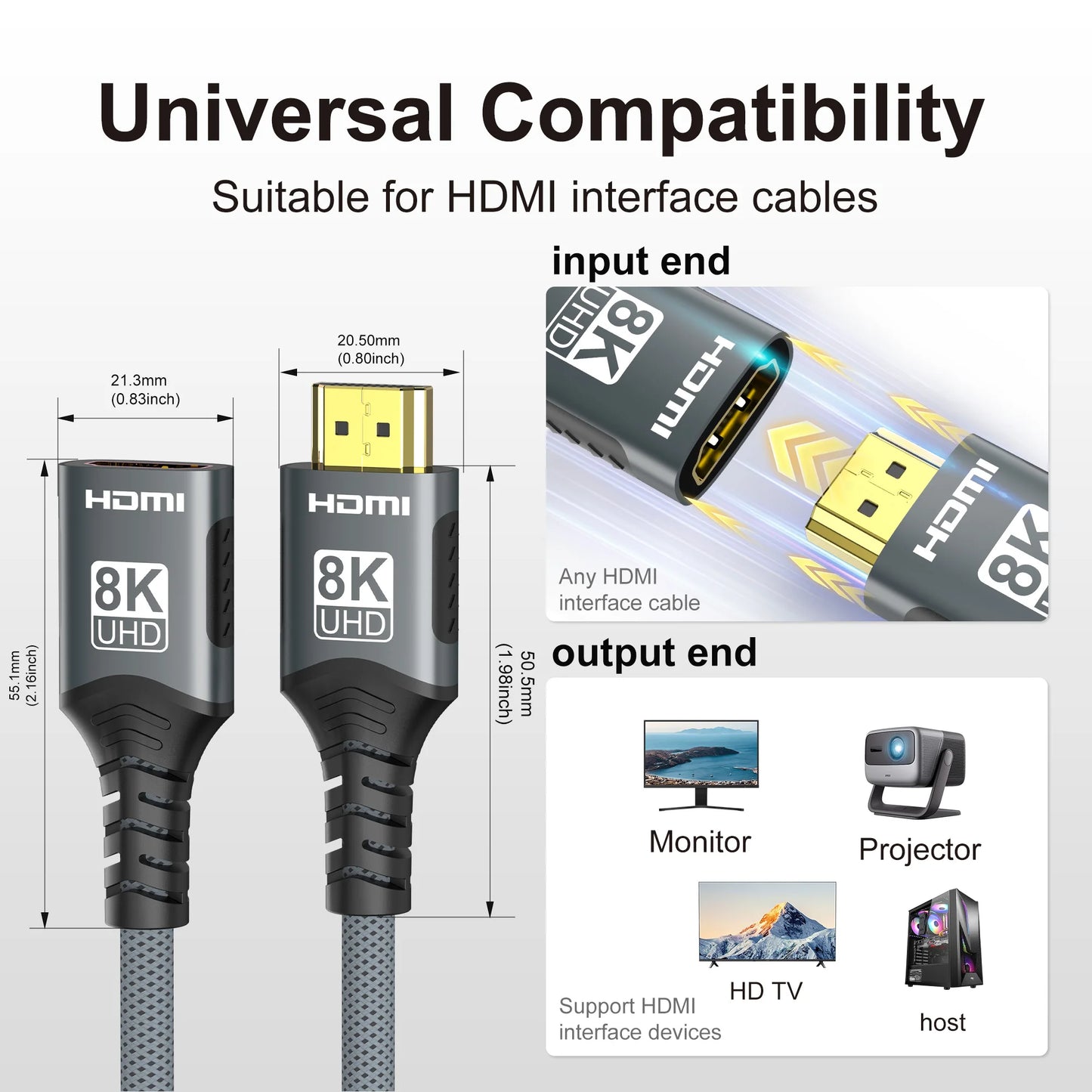 HDMI 2.1 Extension Cable 8K@60Hz HDMI 2.1 Male-Female Bi-Directional 48Gbps 4K@120Hz For HDTV RTX PS5 Xbox HDR Video PC Laptop