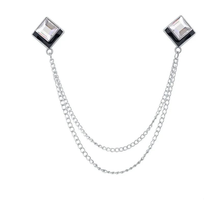 Korean Fashion Geometric Crystal Brooch Tassel Chain Lapel Pin Men's Shirt Collar Jewelry Wedding Party Brooches Accessories