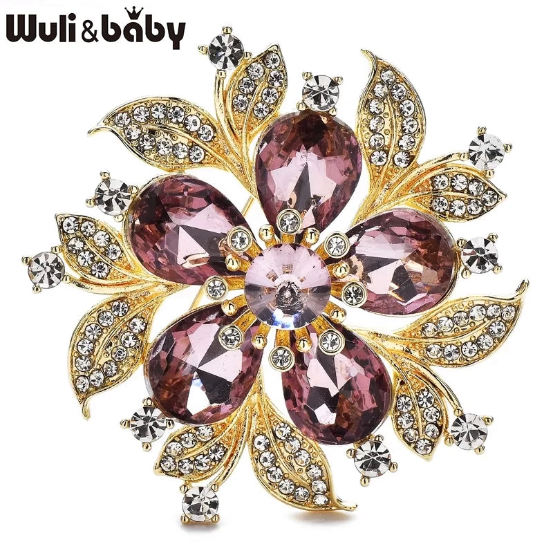 Wuli&baby Crystal Flower Brooches For Women Lady 2-color Elegant Plants Party Casual Brooch Pin Gifts