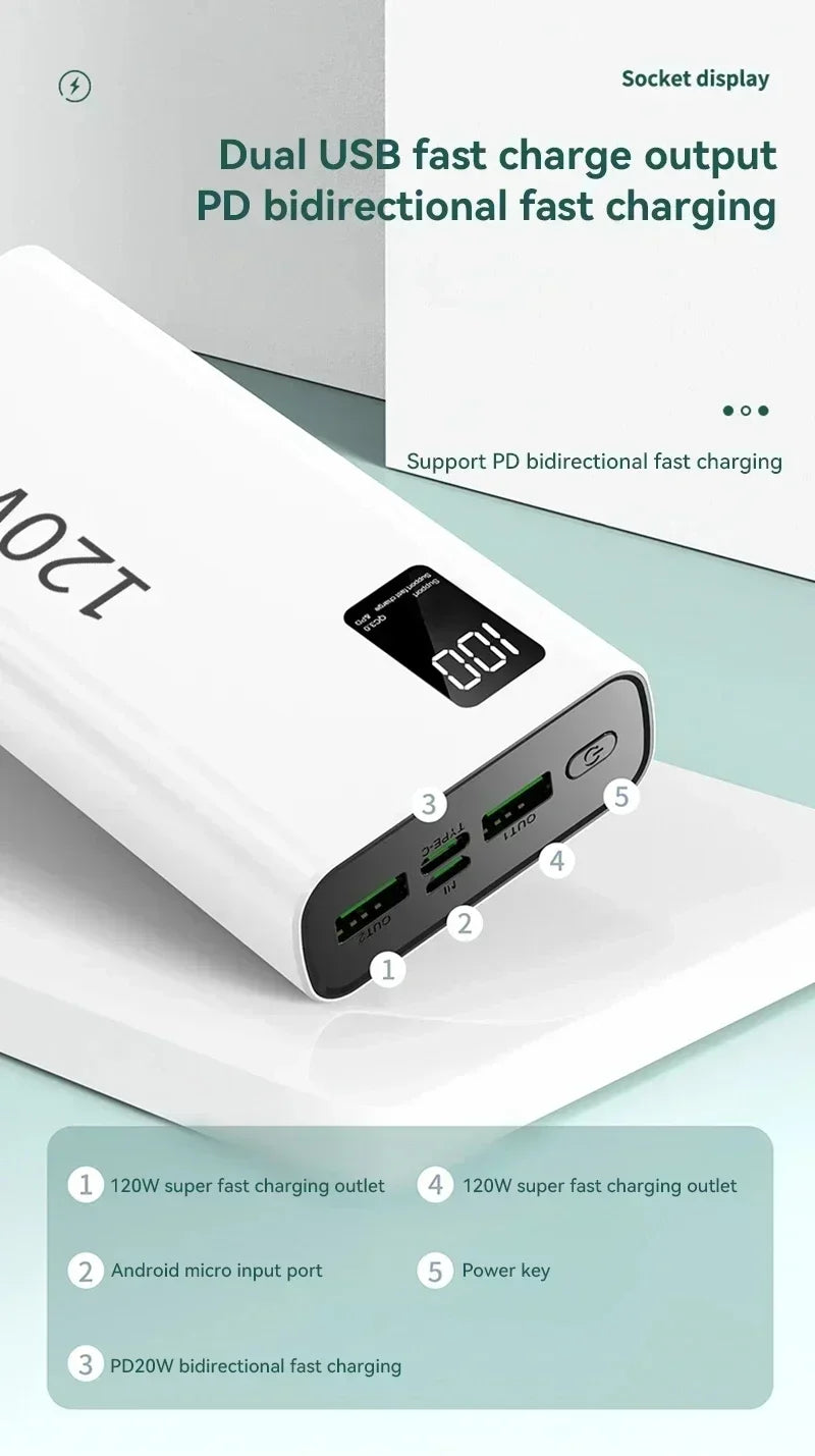 Lenovo 50000mAh 120w Super Fast Charging External Battery Ultra Capacity PowerBank Portable LED Digital Display For IPhone