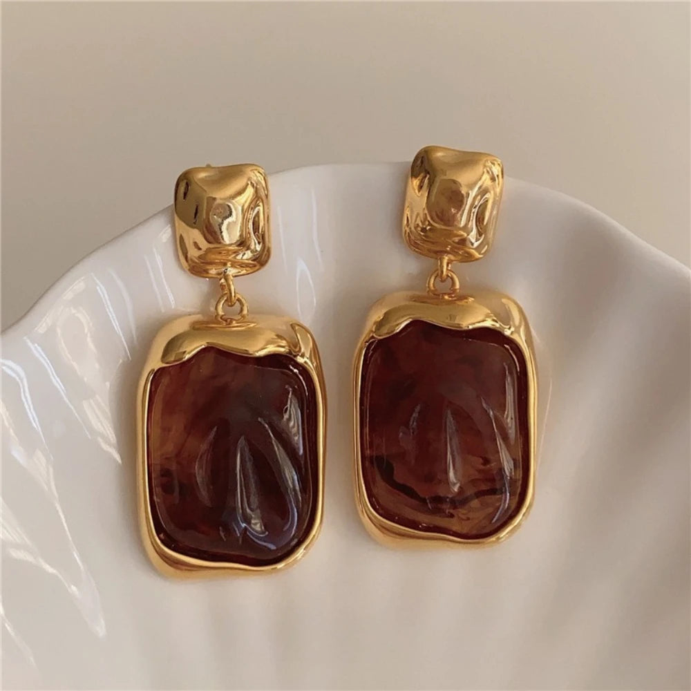 Trendy Geometric Acrylic Drop Earrings Retro Marbled Design Elegant Womens Jewelry