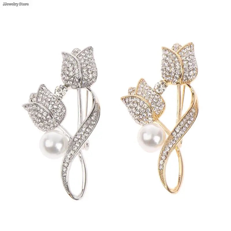 1pc Luxury New Tulip Flower Brooch Elegant Design Sense Rose White Stone Jewelry Collar Pin Jewelry