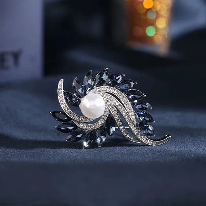 Rhinestone Floral Brooch for Women Luxury Blue Crystal Geometry Lapel Pins Jewelry Accessories Party Gifts