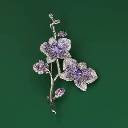 Ajojewel Purple Flowers Crystal Brooch Phalaenopsis Bouquet Pin Elegant Party Jewelry Christmas Gift Woman Birthday
