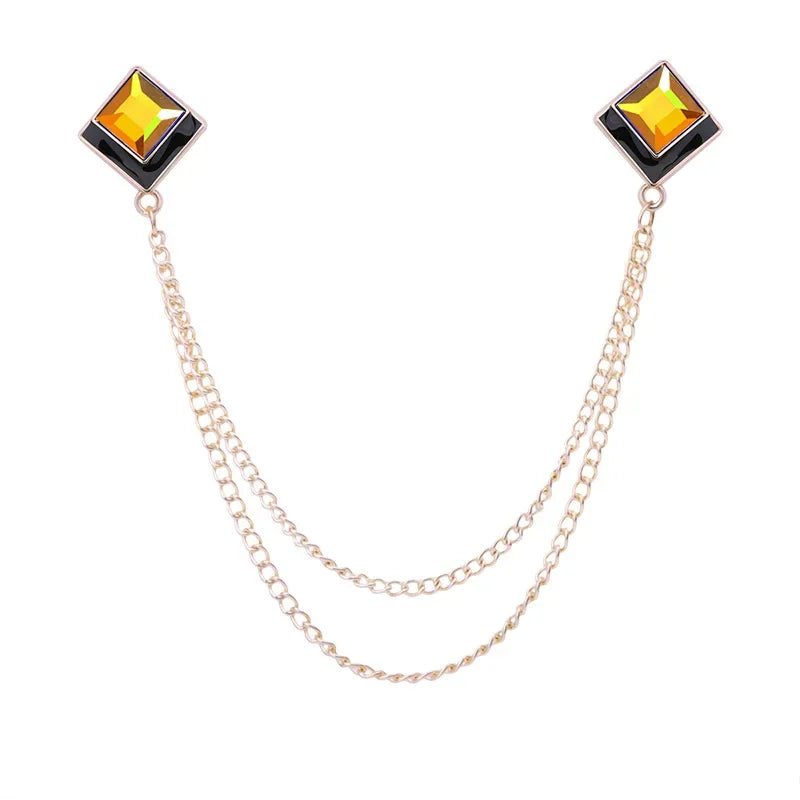 Korean Fashion Geometric Crystal Brooch Tassel Chain Lapel Pin Men's Shirt Collar Jewelry Wedding Party Brooches Accessories