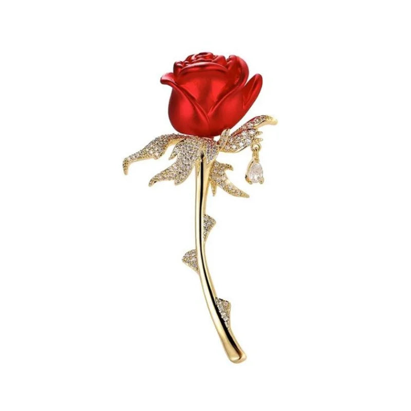 Shiny Rhinestone Red Rose Flower Brooches for Women Elegant Exquisite Suit Dress Flower Branch Lapel Pins Wedding Badge Jewelry