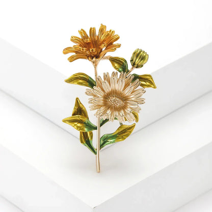 Enamel Chrysanthemum Pin for Women Sunflower Brooches Flower Leaf Pins Banquet Party Backpack Gifts Jewelry Accessories