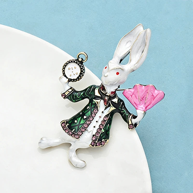 Wuli&baby Funny Rabbit Brooches For Women Unisex 2-color Enamel Holding Clock Fan Act  Rare Bunny Casual Party Brooch Pins Gifts