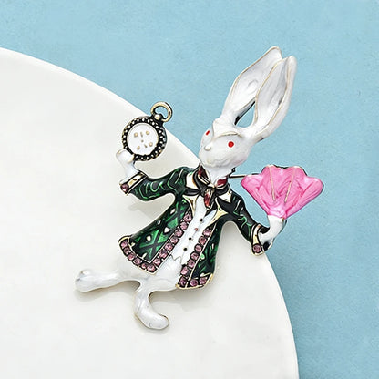 Wuli&baby Funny Rabbit Brooches For Women Unisex 2-color Enamel Holding Clock Fan Act  Rare Bunny Casual Party Brooch Pins Gifts