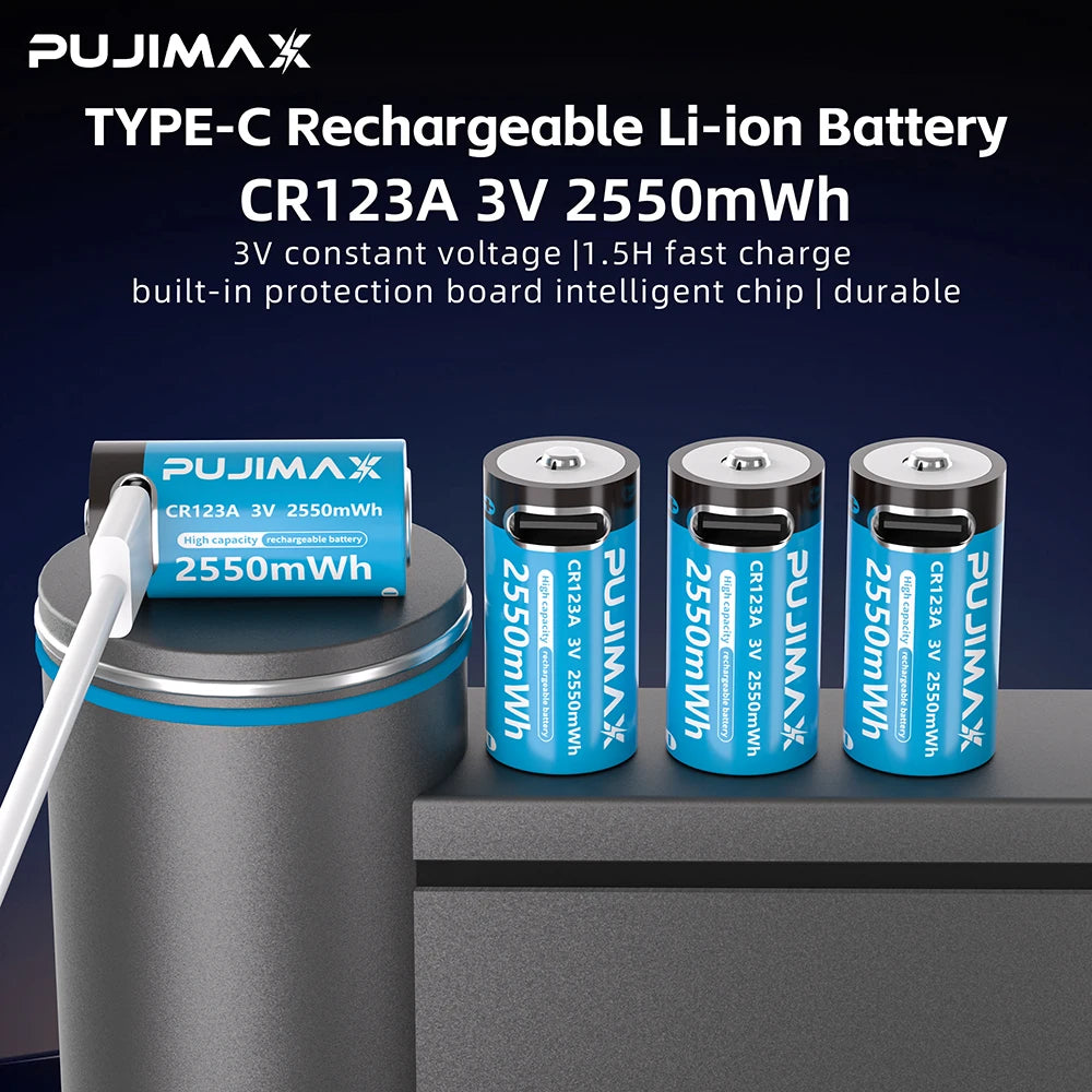 PUJIMAX Type-C Rechargeable CR123A 2550mWh 3V Lithium Battery Rechargeable Battery High Capacity  Portable Stable Output