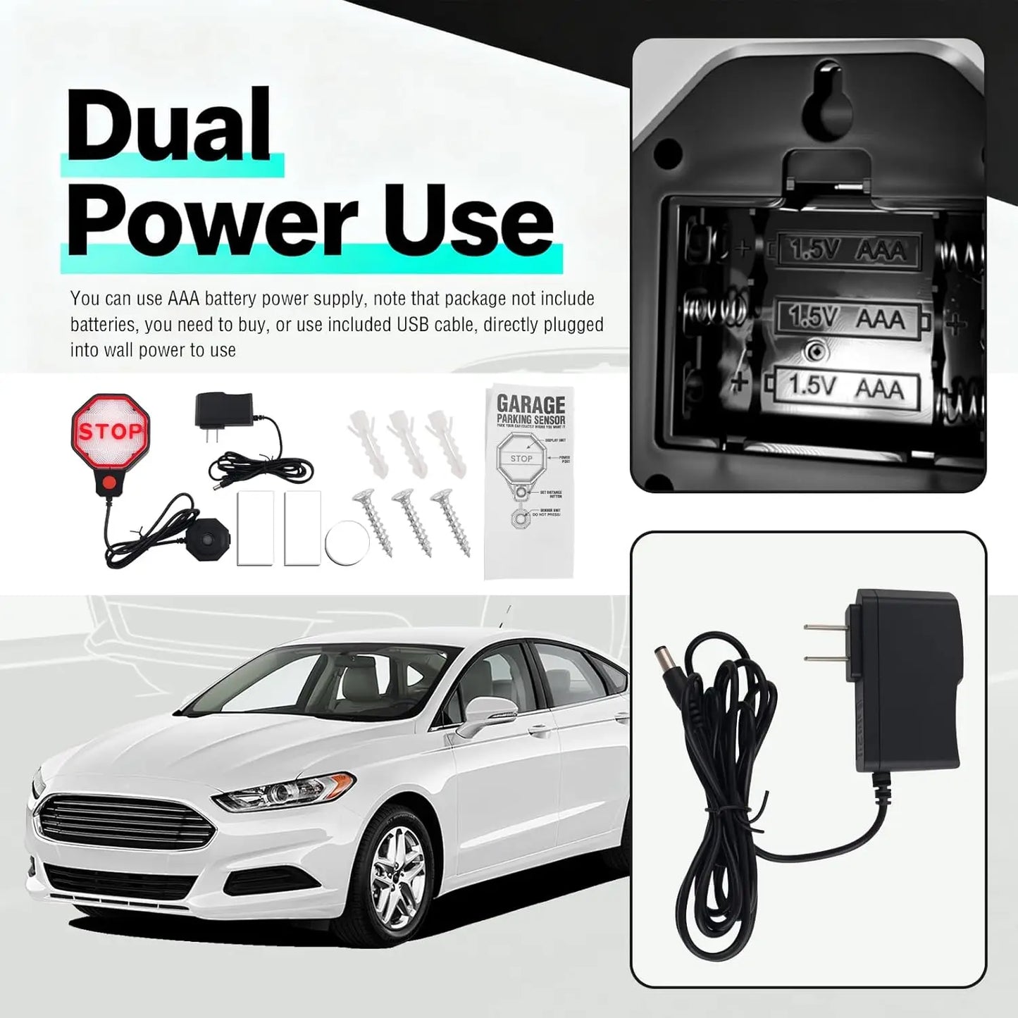 Garage Parking Sensor: Ultra-Precise LED Guidance with Fully Adjustable Stopping Point 6in to 6.5ft - Dual-Power Flexibility