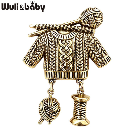 Wuli&baby Vintage Knitting Sweater Brooches For Women 2-color Metal Yarn-ball Spool Pendant Clothes Party Brooch Pins Gifts
