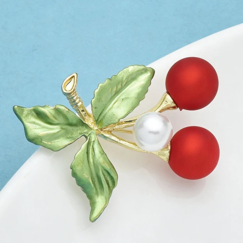 Wuli&baby Cute Red Cherry Brooches Pins For Women Unisex Beautiful Enamel Fruits Plants Party Casual Brooch Gifts