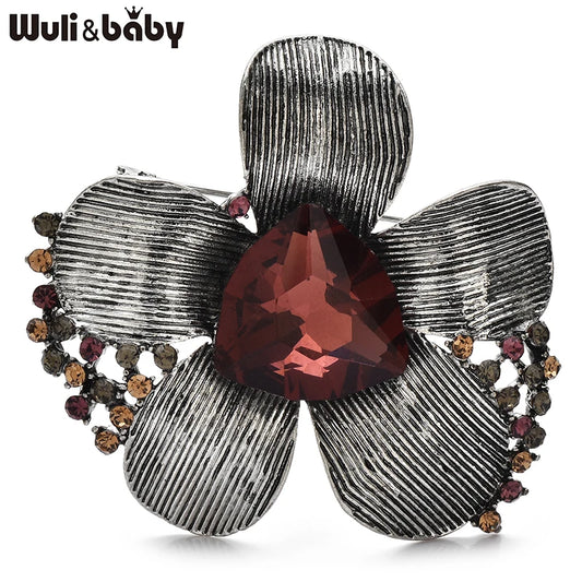 Wuli&baby Vintage Crystal Flower Brooches For Women Unisex 3-color Alloy Rhinestone Plants Party Office Brooch Pins Gifts