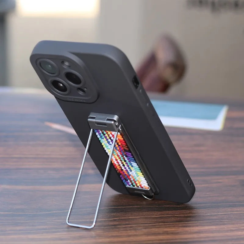 Foldable Sticky Back Phone Stand with Rainbow Strap Breathable Design and Lanyard Hole Multi Functional Portable Holder