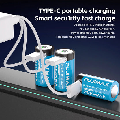 PUJIMAX Type-C Rechargeable CR123A 2550mWh 3V Lithium Battery Rechargeable Battery High Capacity  Portable Stable Output