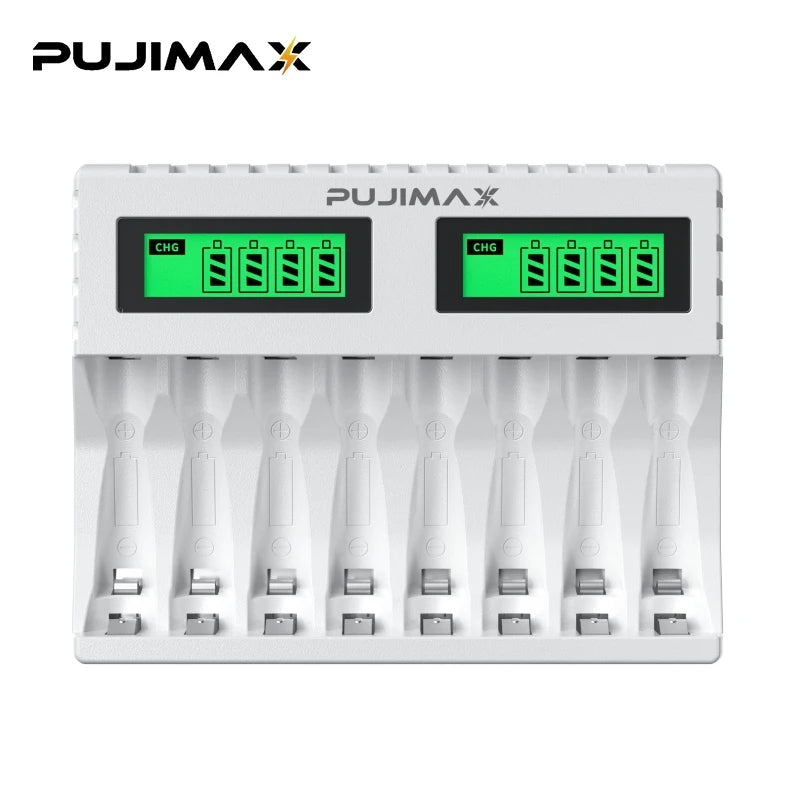 PUJIMAX 8-slot Battery Charger Suitable 1.2V AAA/AA Rechargeable Battery Short Circuit Protection LED Display NiMH/NiCd Charger