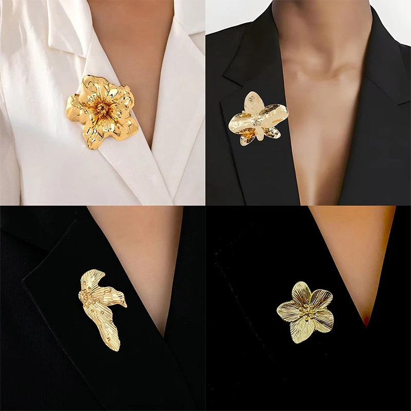 Women Large Statement 3D Layered Golden Flower Brooch Bold Retro Statement Elegant Collar Accessory For Party Wedding Daily Wear