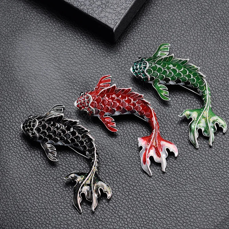 Vintage Green Fish Woman Brooch Pin Rhinestone Crystal Animal Silver Tone
