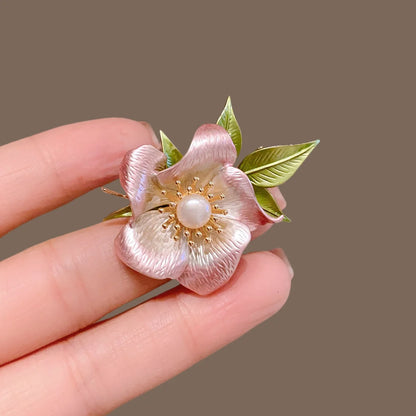 Exquisite Enamel Flower Brooch for Women Unique Pearl Plant Leaf  Lapel Pin Coat Sweater Jewelry  Accessories