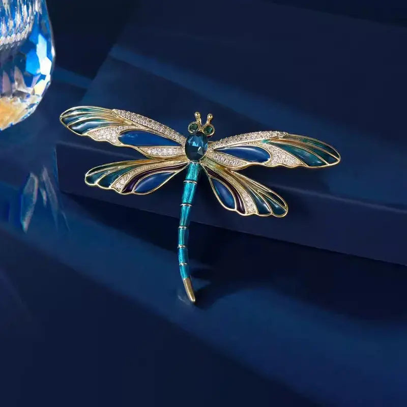 Vintage Green Crystal Dragonfly Brooch for Women Men Insect Lapel Enamel Pins Wedding Jewelry Accessories
