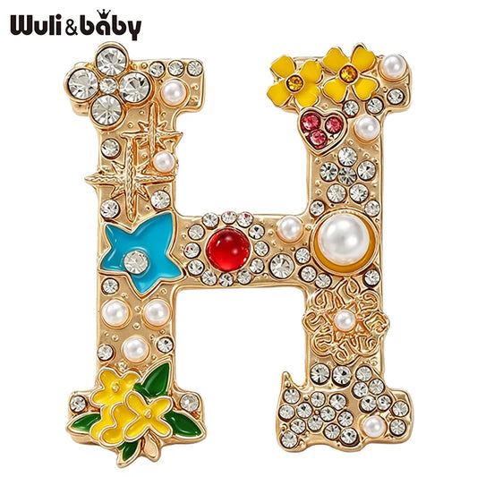 Wuli&baby Pearl Flower H English Letter Brooches For Women Unisex Beautiful Rhinestone H Office Casual Brooch Pin Gifts